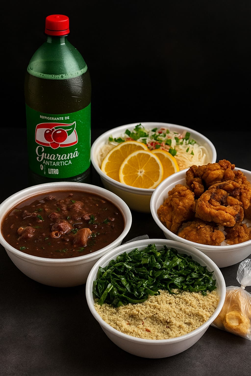Marmita com feijao, arroz, salada, frituras e refrigerante